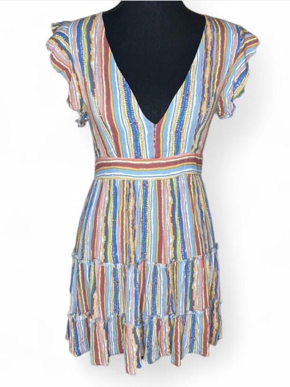 Skylar + Madison Multi-Color Striped V-Neck Ruffle Sleeve Boho Mini Dress - M